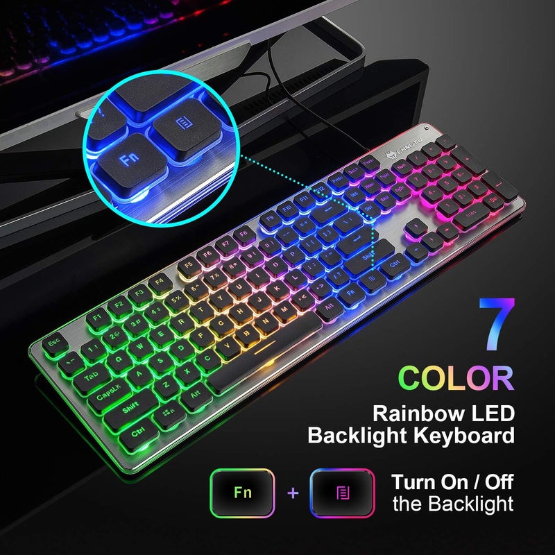 LANGTU Membrane Gaming Keyboard, Colorful LED Backlit Quiet Keyboard for Study, All-Metal Panel USB Wired 25 Keys Anti-ghosting Computer Keyboard 104 Keys - L1 Black/Silver… - Image 2